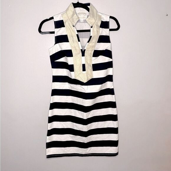 Sail to Sable Black White Wide Striped Soli Neck Gold Sleeveless Shift Dress L - Picture 3 of 8